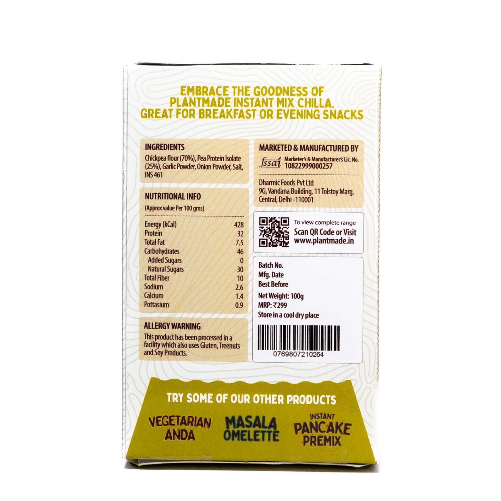 High-energy PlantMade's Instant Chilla Mix product image displaying ingredients and nutritional information - an easy breakfast and evening snack
